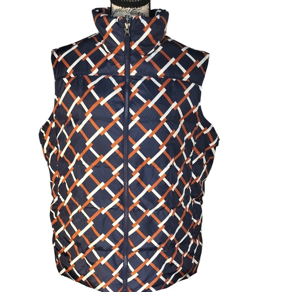 Lands' End Jackets & Blazers - Lands' End Womens XL/P 18 Down Puffer Vest Navy Blue Orange Geometric Full Zip